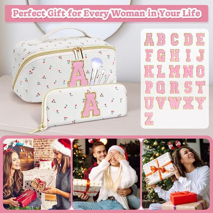 Personalized Travel Makeup Bag Set,Initial Travel Cute Cherry Makeup Organizer Bag,Toiletry Skincare Cosmetic Bag,Christmas Gifts for Women/Girls,Open Flat Toiletry Pouch with Brush Pocket-H