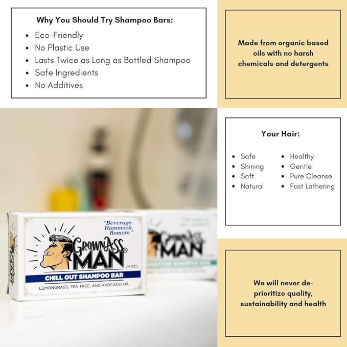 Grown Ass Man Co. - Solid Shampoo Bar Rich Lather 3 in 1: Hair, Beard & Body Wash - Plastic Free & Eco-Friendly, Natural & Organic Clean for All Hair Types, 4oz Bar (Chill Out, Single)