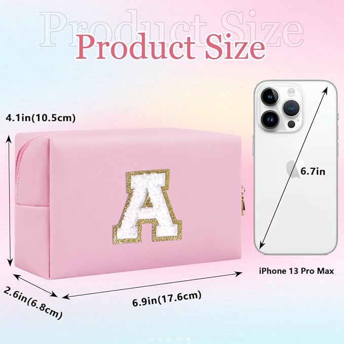 Small Personalized Letter Makeup Bag, Cute PU Leather Chenille Letters Cosmetic Bag Travel Makeup Pouch, Preppy Travel Organizer Zipper Pouch for Women&Girls（Pink-A）