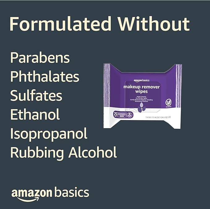 Amazon Basics Makeup Remover Wipes, Gentle Cleansing, Dermatologist Tested, Night Calming, Plant Based, Alcohol-Free, Removes Waterproof Mascara, 25 Count Per Pack, Pack of 1