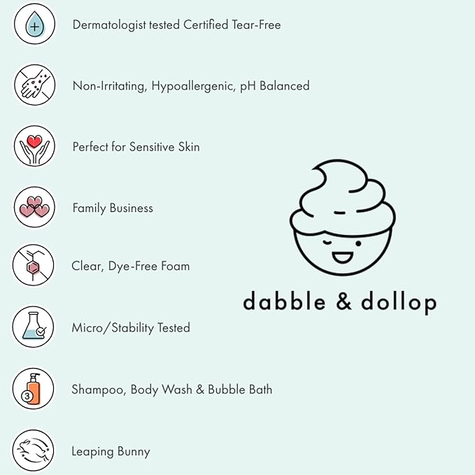 Dabble & Dollop Coconut + Vanilla Body Wash & Shampoo – 3-in-1 Natural Bubble Bath for Kids, No Parabens or Sulfates, Vegan, Gluten-Free, Tear-Free (2-Pack)