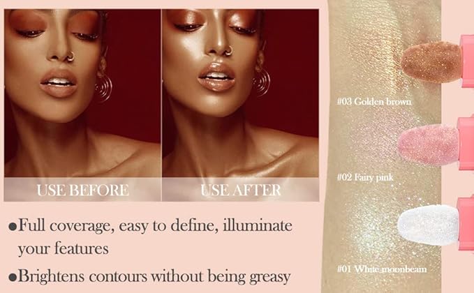 Glitter Powder Highlighter Makeup,Body Brightens the Natural Three-dimensional Face Powder Blusher .(03# Golden browm)