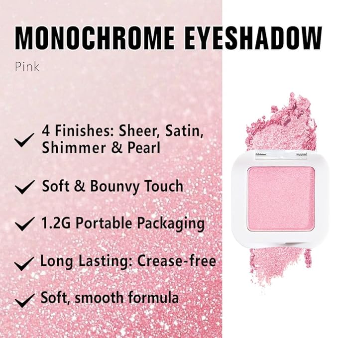 Shimmer Singe Eye Shadow Palette Makeup, Pink Sparkle Shimmer Monochrome Eyeshadow For Old Women, Mini Pressed Pigmented Waterproof Sombras Para Ojos, Vegan, Talc, Paraben & Cruelty Free, 11