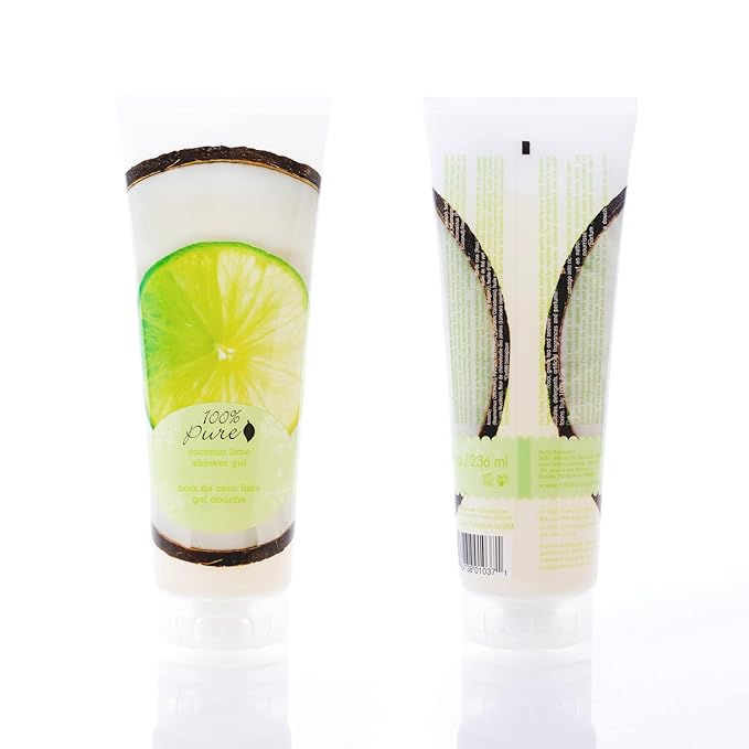 100% PURE Coconut Lime Shower Gel Natural Foaming & Hydrating Body Wash - Deeply Moisturizing Gentle Soap Cleanser for All Skin Types, Even Sensitive - Gluten-Free - 8 Fl Oz