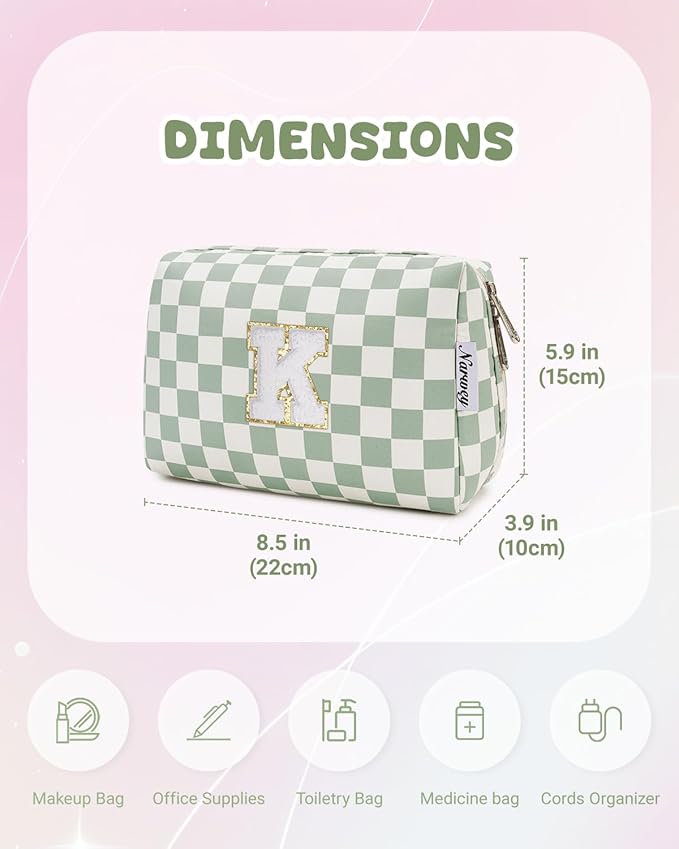 Narwey Birthday Gifts for Teen Girls Women Personalized Initial Checkered Makeup Bag Preppy Cosmetic Bag Trendy Stuff 6 8 10 11 12 13 14 16 18 Years Old Travel Toiletry Bag (Green Letter K)