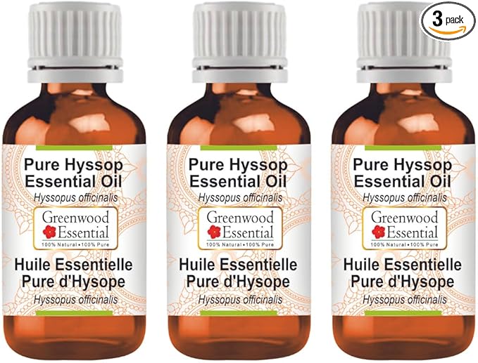 Greenwood Essential Pure Hyssop Essential Oil (Hyssopus officinalis) Steam Distilled (Pack of Three) 100ml X 3 (10.1oz)