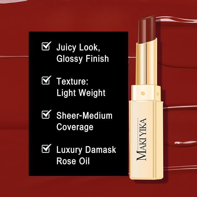 MAKI YIKA Moisture Dark Red Lipstick for Women Hydrate Lip Balm for Dry Cracked Lips Weightless Glossy Lip Color Juicy Finish,MA052 Dark Time