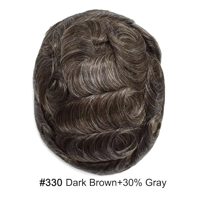 FACE MIRACLE Mens Toupee Lace Front Hairpieces Soft Human Hair Replacement System Toupee for Men French Lace Poly V-Looped Mens hair Units 6"X9" #330 3# DARK BROWN WITH 30% SYNTHETIC GREY