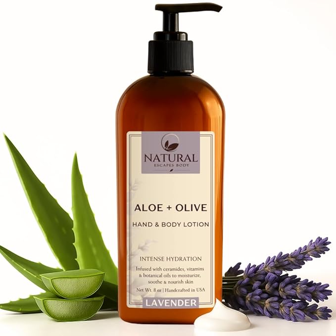 Natural Escapes Lavender Body Lotion for Dry Sensitive Skin, Eczema Relief Moisturizer with Aloe Vera, Olive Oil, Ceramides, Vitamin B5 and E, Hand and Body Cream for Women and Men, 8oz