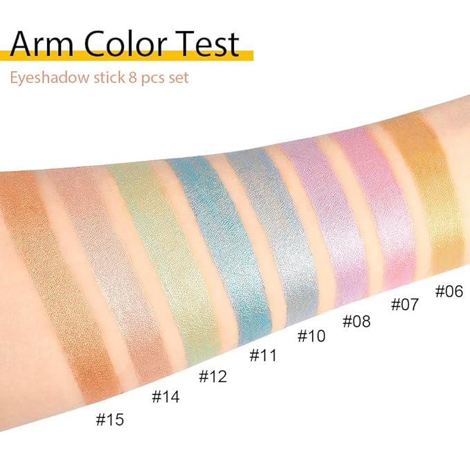 8Pcs Glitter Eye Shadow Sticks Liner Pencils Makeup Set, Desert Mocha Beige Gold Light Purple Pink Sky Dazzling Blue Geen Glitter Shimmer Eyeliner Pencil Cream Eyeshadow Palette Makeup for Older Women