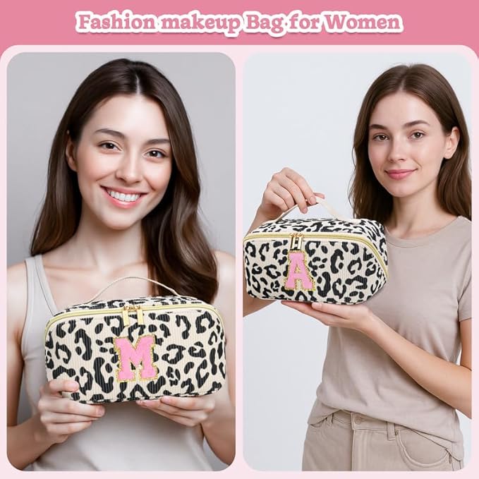 Personalized Travel Makeup Bag Set,Initial Travel Cute Leopard Makeup Organizer Bag,Toiletry Skincare Cosmetic Bag,Christmas Gifts for Women/Girls,Open Flat Toiletry Pouch with Brush Pocket-W