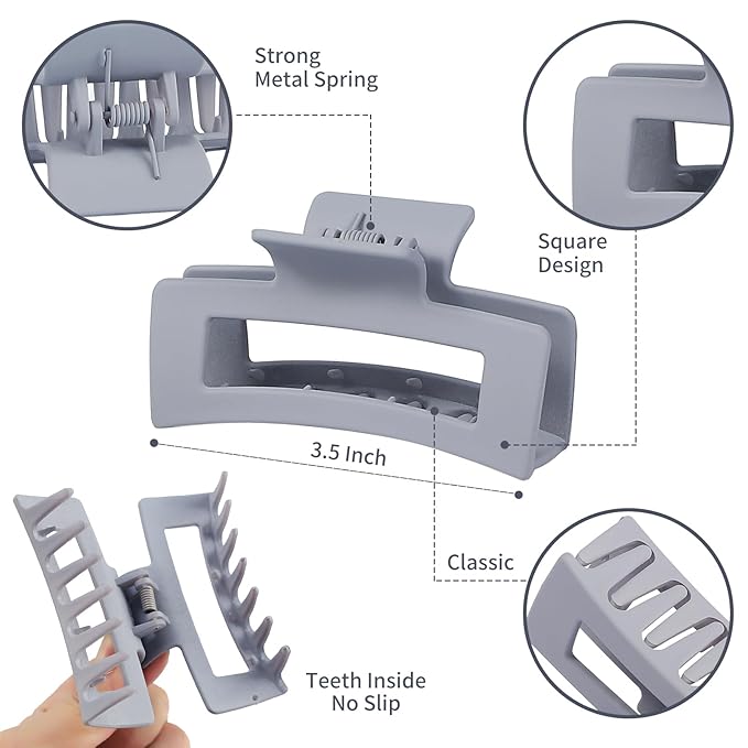 12 Pcs Medium Hair Clips for Women, 3.5 Inch Square Claw Clips, Colorful Hair Claw Clips for Thick and Thin Hair, Bulk Hair Accessories for Women and Girls- Grey
