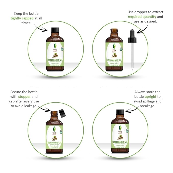 SVA Macadamia Seed Oil Organic - 4 Fl Oz – 100% Natural Cold Pressed Organic Macadamia Oil - for Face, Skin Care, Hair Care, Scalp Massage & Body Massage – Carrier Oil with Dropper