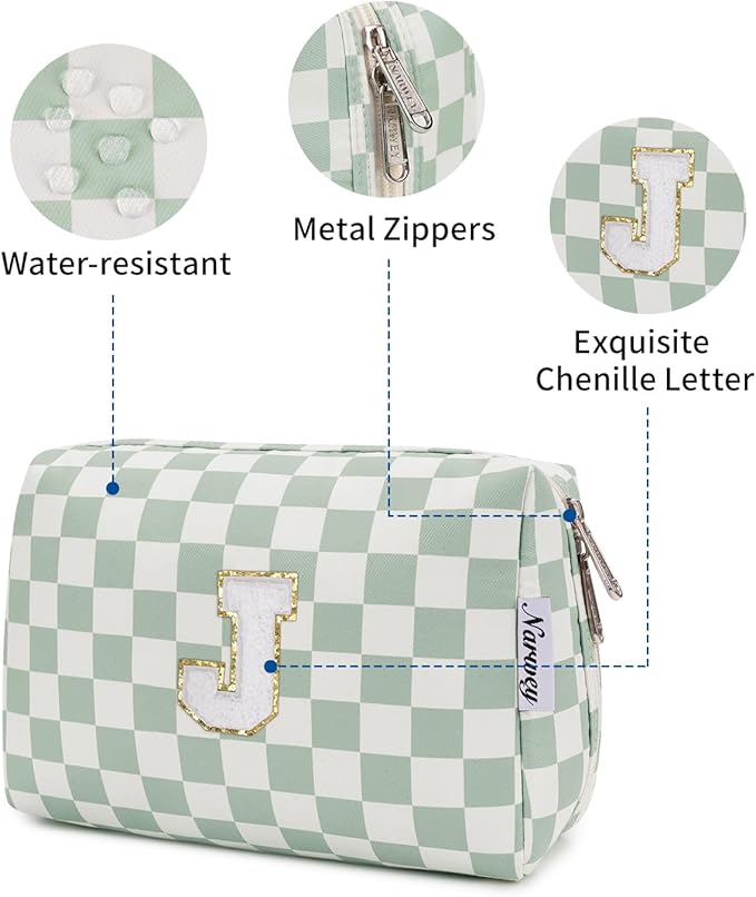 Narwey Birthday Gifts for Teen Girls Women Personalized Initial Checkered Makeup Bag Preppy Cosmetic Bag Trendy Stuff 6 8 10 11 12 13 14 16 18 Years Old Travel Toiletry Bag (Green Letter J)