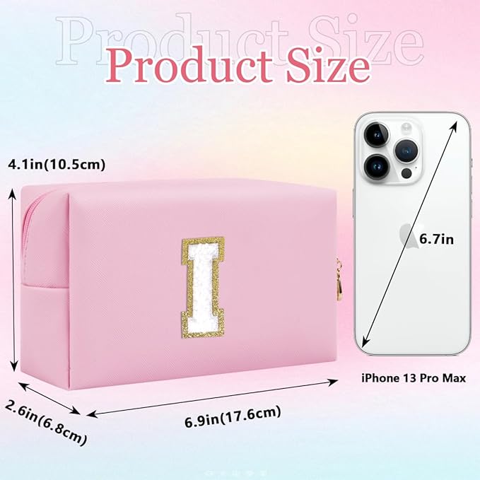 Small Personalized Letter Makeup Bag, Cute PU Leather Chenille Letters Cosmetic Bag Travel Makeup Pouch, Preppy Travel Organizer Zipper Pouch for Women&Girls（Pink-I）