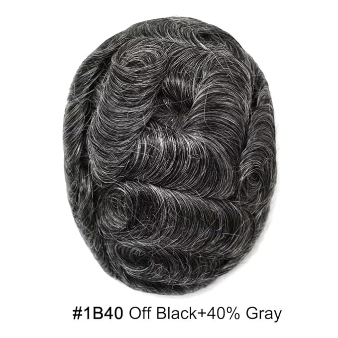 FACE MIRACLE Toupee for Men French Lace Hairpiece Human Hair Replacement System Skin PU Mens Toupee Hair Wigs for Man V-Looped Front Hair Prosthesis 6"X9" #1B40 1B# OFF BLACK WITH 40% SYNTHETIC GREY