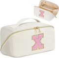 Personalized Initial Makeup Bag,Christmas Gifts for Girl,Preppy Bag Cosmetic Travel Bag Women,Travel Toiletry Organizer,Large Capacity Corduroy Stuff Bag,Cute Cosmetic Pouch Skincare Bag-X