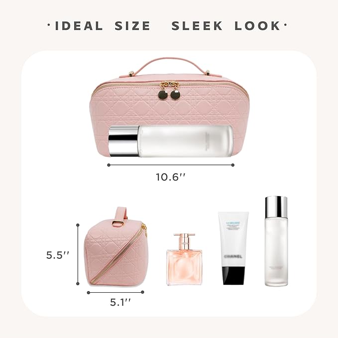 Travel Makeup Bag – Large Cosmetic Organizer with Waterproof PU Leather, Smooth Double Zipper & Tear-Resistant Lining, Toiletry Pouch for Women (Pink)