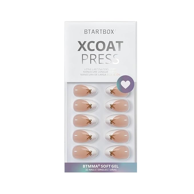 BTArtbox Press on Nails Short -White Designed French Tip Press On Nails Almond with Bow, Glue On Nails for Gifts, Natural Stick On Nails in 16 Sizes - 30 Fake Nails Kit, Dinner Star