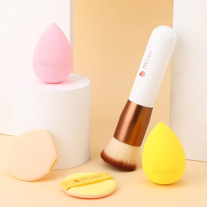 DUcare Foundation Brush with Christmas Sponges Puff Flat Top Kabuki Brush for Liquid Blending Mineral Powder Buffing Stippling