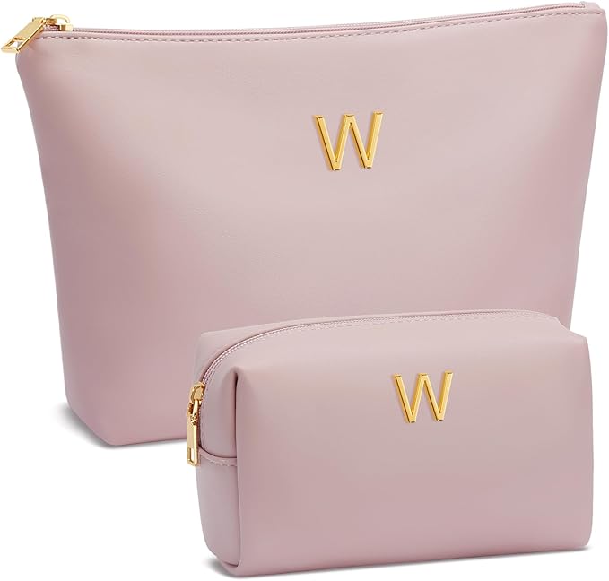 Women Gifts | Initial Makeup Bag Set for Girl Personalized Gifts for Bridesmaid Friend Graduation Teachers PU Leather Cosmetic Travel Toiletry Bag(Pink,W)