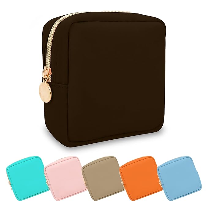 Mini Makeup Pouch for Purse, Small Cosmetic Bag Pouch Nylon Travel Toiletry Organizers Bag for Women Girls, Cute Zipper Coin Purse Preppy Storage Purse for School Work(Mini-Chocolate)