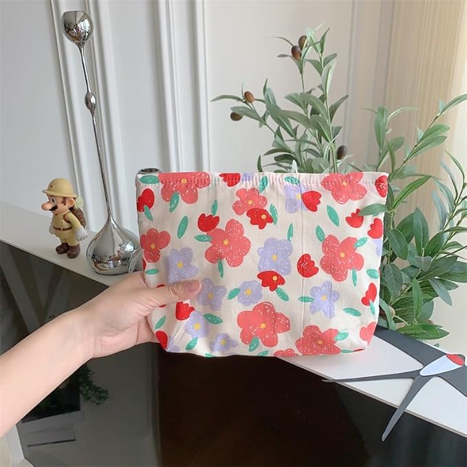 Floral Makeup Bag Large Cotton Zipper Pouch for Purse Travel Canvas Make Up Organizer for Women Cosmetic,Flower Pink