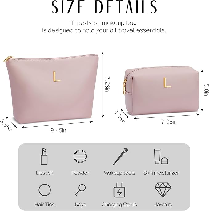 Women Gifts | Initial Makeup Bag Set for Girl Personalized Gifts for Bridesmaid Friend Graduation Teachers PU Leather Cosmetic Travel Toiletry Bag(Pink,L)