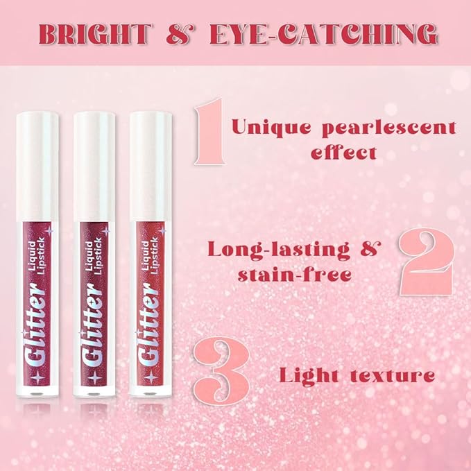 AMY'S DIARY 3Pcs Glitter Liquid Lipstick Set – Electric Purple, Plum Wine, Rose Pink – Shimmer Metallic Lip Gloss, Long-Lasting Waterproof Lip Color, High Shine Sparkle Makeup for Women(Set D)