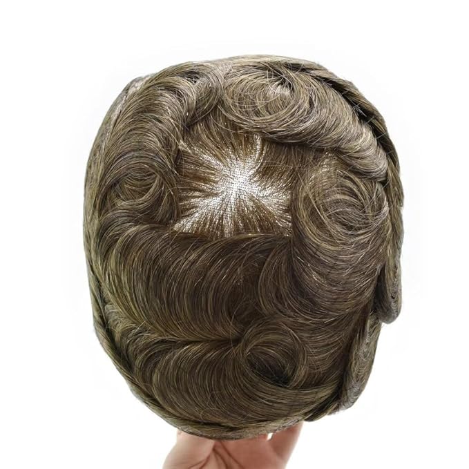 FACE MIRACLE Toupee for Men French Lace Hairpiece Human Hair Replacement System Skin PU Mens Toupee Hair Wigs for Man V-Looped Front Hair Prosthesis 7"X9" #18 Medium Blonde
