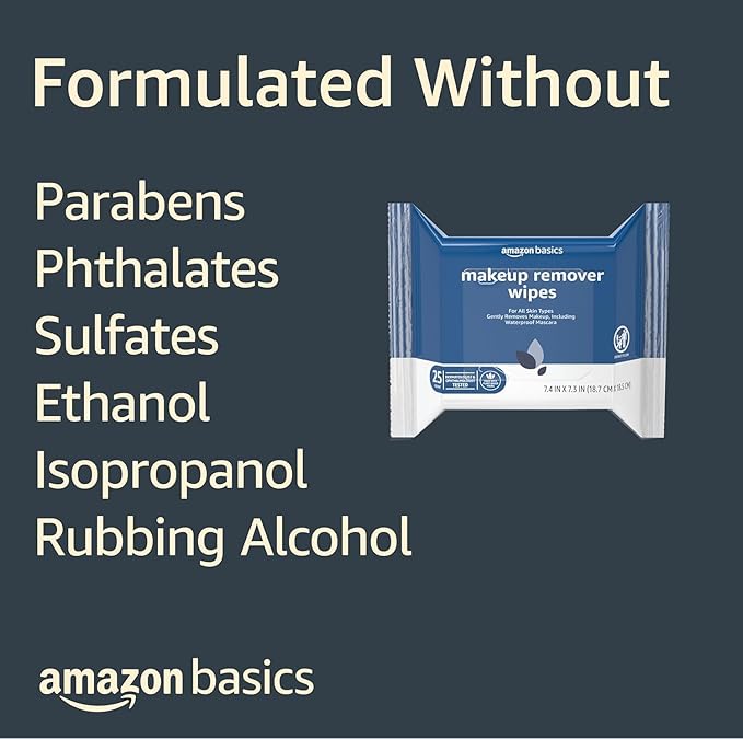 Amazon Basics Makeup Remover Wipes, Gentle Cleansing, Dermatologist Tested, Original, Plant Based, Alcohol-Free, Removes Waterproof Mascara, 25 Count Per Pack, Pack of 1