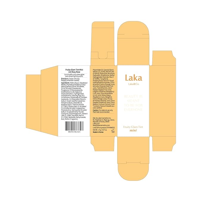 Laka Fruity Glam Lip Tint Mini, Glowing Lip Stain with Wide Color Spectrum, Hydrating & Lightweight Texture, Long-Lasting Bold Stain, Non-Sticky, Vegan, K-Beauty (#122 Rosyrose)