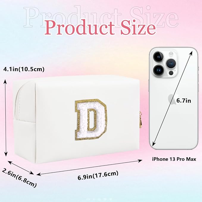 Small Personalized Letter Makeup Bag, Cute PU Leather Chenille Letters Cosmetic Bag Travel Makeup Pouch, Preppy Travel Organizer Zipper Pouch for Women&Girls（White-D）