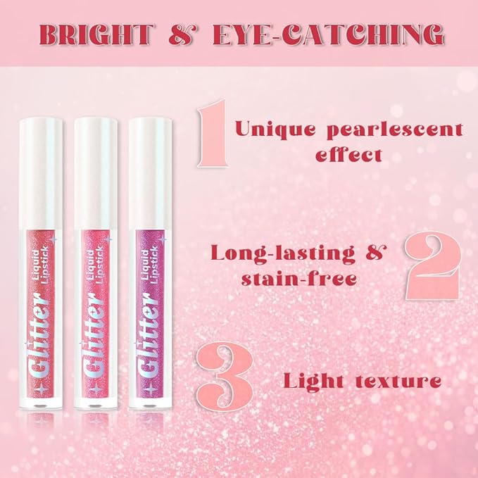 AMY'S DIARY 3Pcs Glitter Liquid Lipstick Set – Rose Gold, Hot Pink, Iridescent Lilac – Shimmer Metallic Lip Gloss, Long-Lasting Waterproof Lip Color, High Shine Sparkle Makeup for Women(SetA)