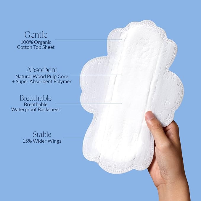 100% Organic Pads for Women, Organic Cotton Cover Pad - Regular Absorbency, Unscented, Ultra Thin Pads with Wings for Women (Regular, Size 3, 36 Count)