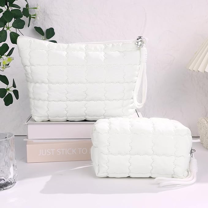Richeart Makeup Bag Travel Toiletry Bag - Checkered Down Cotton Makeup Pouch for Women with Cosmetic and Pencil, Aesthetic White Design, Large