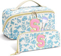 Personalized Travel Makeup Bag Set,Initial Travel Cute Floral Makeup Organizer Bag,Toiletry Skincare Cosmetic Bag,Christmas Gifts for Women/Girls,Open Flat Toiletry Pouch with Brush Pocket-S