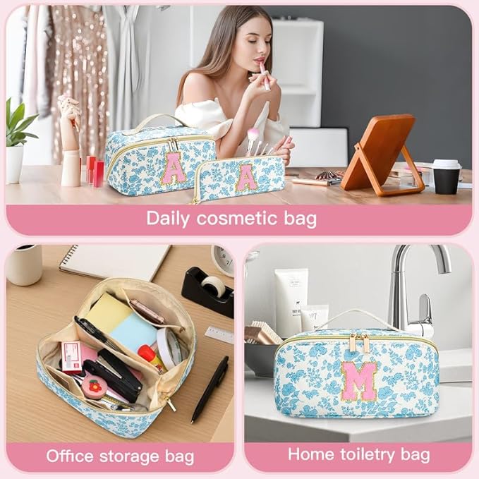 Personalized Travel Makeup Bag Set,Initial Travel Cute Floral Makeup Organizer Bag,Toiletry Skincare Cosmetic Bag,Christmas Gifts for Women/Girls,Open Flat Toiletry Pouch with Brush Pocket-C