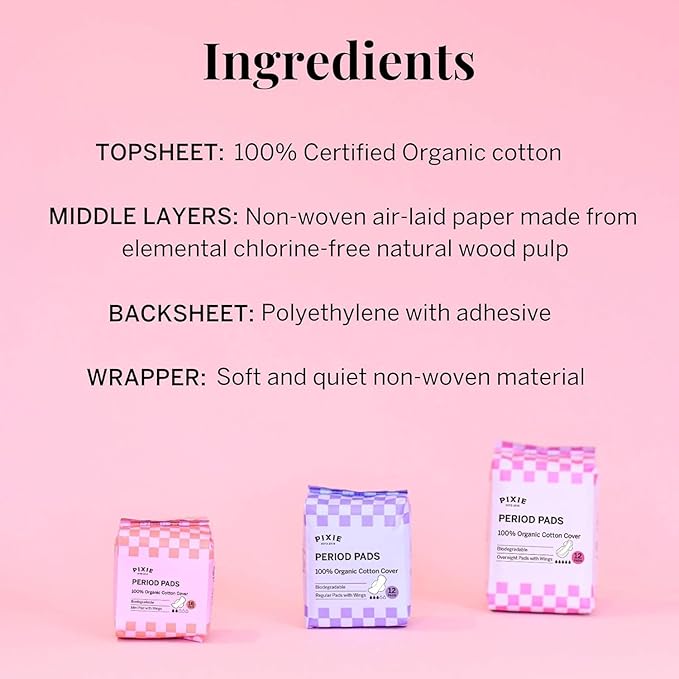 Pixie Organic Cotton Overnight Pads for Women - Extra Heavy Absorbency with Wings - Leak-Proof, Hypoallergenic & Unscented for Feminine Care - Compostable, Biodegradable - 36 Count