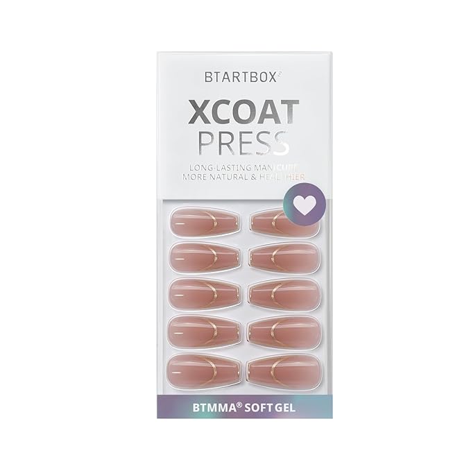 BTArtbox Press on Nails Long - Rose Gold Outline Designed French Tip Press on Nails, Coffin Glue On Nails, Reusable Soft Gel Stick On Nails with Nail Glue in 15 Sizes, Gilded French