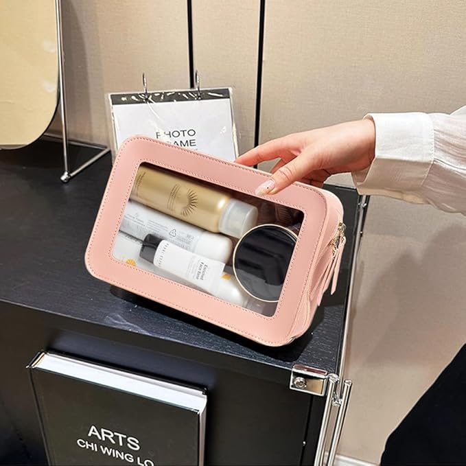 Clear Makeup Bag, Pink Travel Makeup Pouch Toiletry Bag for Women Waterproof Small Cosmetic Bag Case Small Make Up Bag with Zipper Car Organizer Car Essentials for Women Men