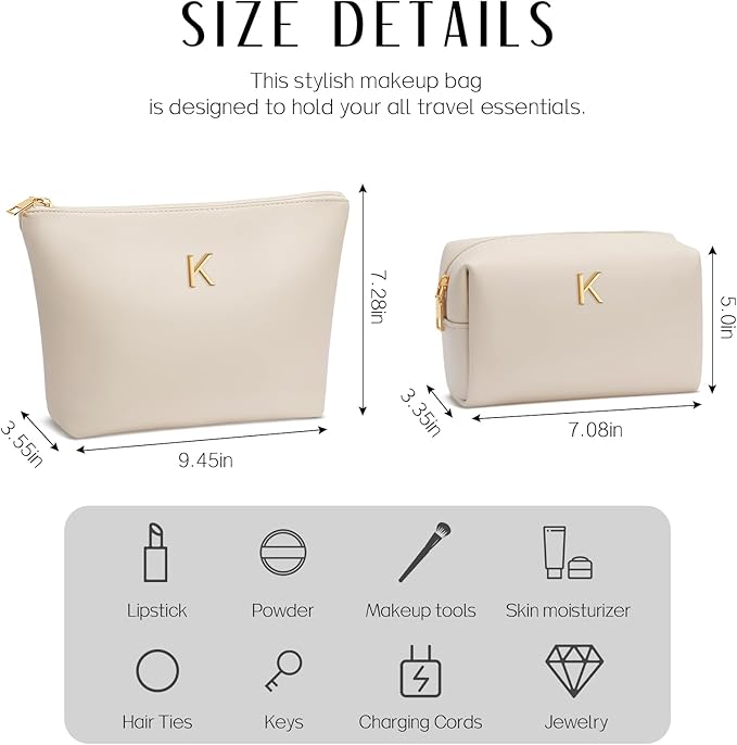 Women Gifts | Initial Makeup Bag Set for Girl Personalized Gifts for Bridesmaid Friend Graduation Teachers PU Leather Cosmetic Travel Toiletry Bag(Beige,K)