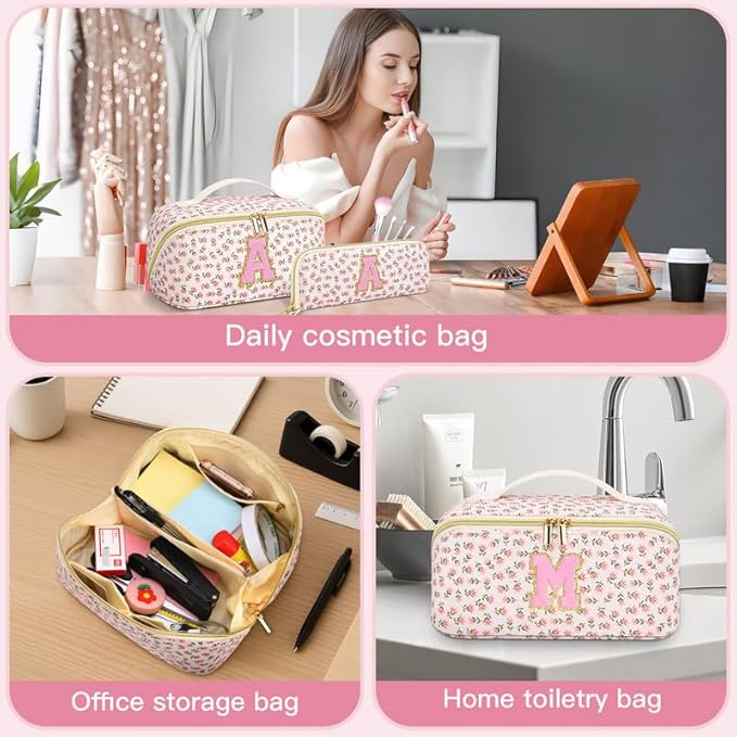 Personalized Travel Makeup Bag Set,Initial Travel Cute Floral Makeup Organizer Bag,Toiletry Skincare Cosmetic Bag,Christmas Gifts for Women/Girls,Open Flat Toiletry Pouch with Brush Pocket-D