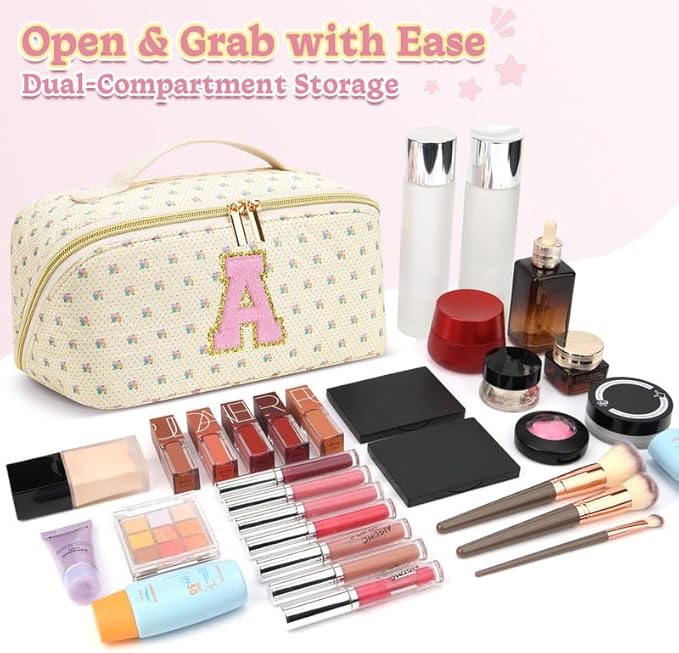 Personalized Travel Makeup Bag Set,Initial Travel Cute Floral Makeup Organizer Bag,Toiletry Skincare Cosmetic Bag,Christmas Gifts for Women/Girls,Open Flat Toiletry Pouch with Brush Pocket-Q