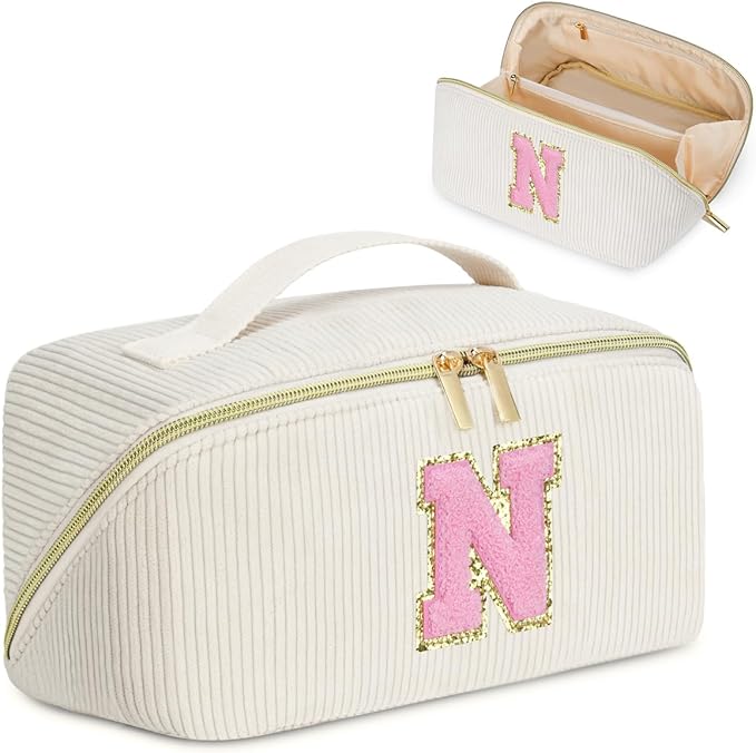 Personalized Initial Makeup Bag,Christmas Gifts for Girl,Preppy Bag Cosmetic Travel Bag Women,Travel Toiletry Organizer,Large Capacity Corduroy Stuff Bag,Cute Cosmetic Pouch Skincare Bag-N