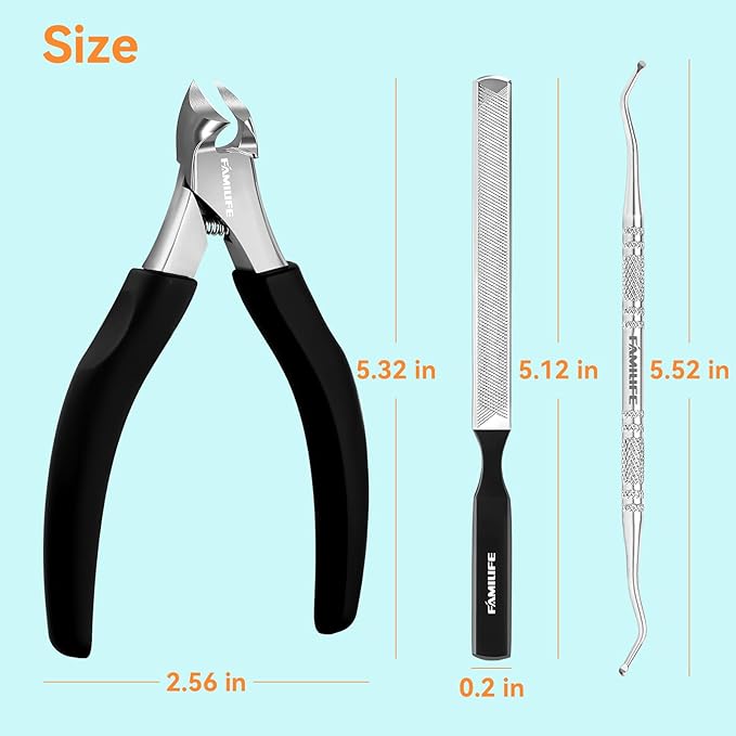Pedicure Tool Kit and Ingrown Toenail Removal Kit, 3-Piece Set with Nail Nipper, Metal Nail File, and Fingernail Lifter for Thick, Ingrown Fingernail Removal