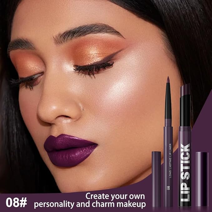 AMY'S DIARY 2Pcs Deep Purple Lipstick and Lip Liner Combo, Lip Liner and Lip Stick Kit for Women, Matte Lip Pencil and Smooth Hydrating Lipstick, Non-Stick Lip Makeup Set (08#Deep Plum Purple)