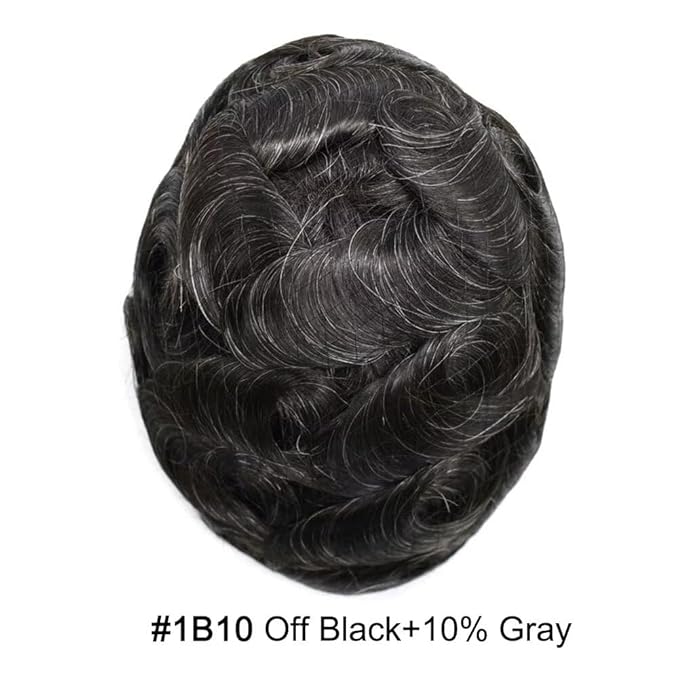 FACE MIRACLE Toupee for Men French Lace Hairpiece Human Hair Replacement System Skin PU Mens Toupee V-Looped Front Hair Piece 6X9#1B10 1B# OFF BLACK WITH 10% SYNTHETIC GREY-80% Light Density