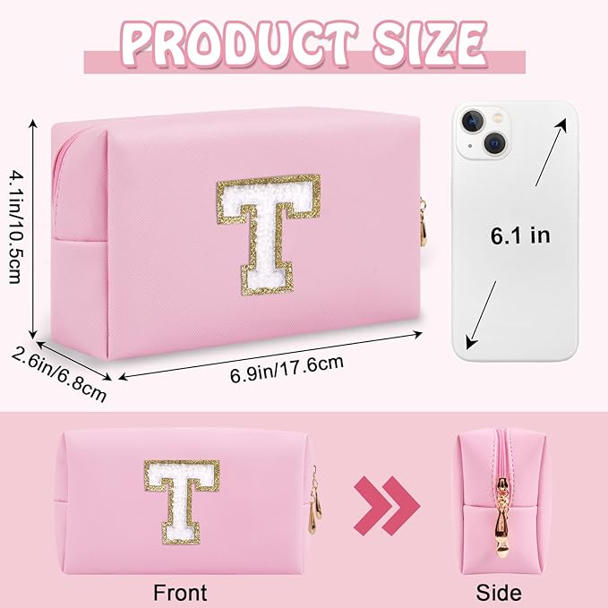 Personalized Small Travel Preppy Makeup Bag, Chenille Letter Pink Cute Makeup Bag Initial Cosmetic Pouch Toiletry Organizer, PU Leather Waterproof Makeup Storage Teacher Appreciation Gifts(Letter T)