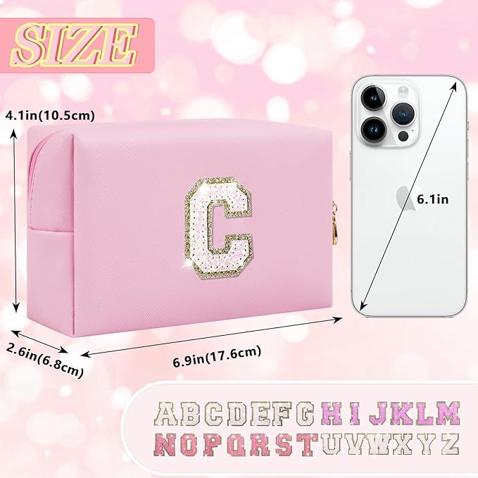 Personalized Initial Letter Makeup Bag, Preppy Glitter Letter Patch Cosmetic Pouch Zipper,PU Waterproof Travel Toiletry Bag Cute Makeup Organizer Monogrammed Make Up Bag,Gift for Women Girls